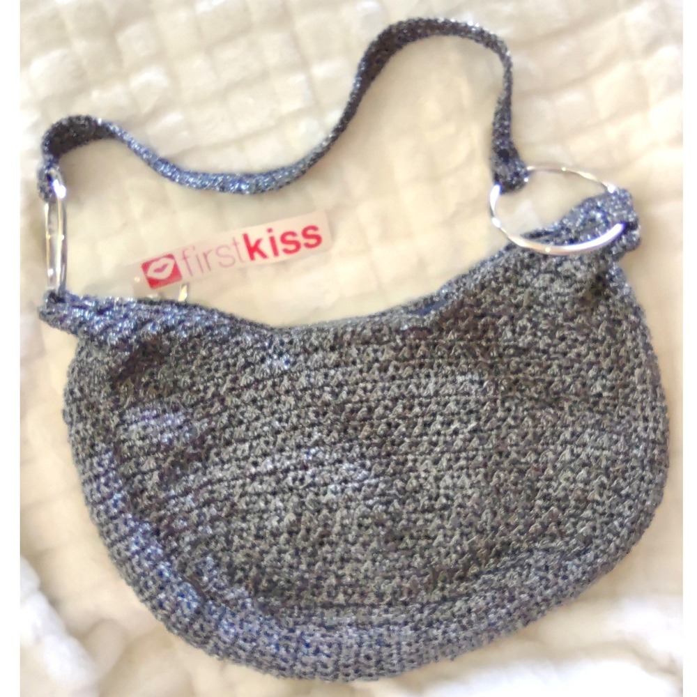 First Kiss by Hot Kiss Metallic Crochet Hobo Bag Silver Blue Heart Charm NWT